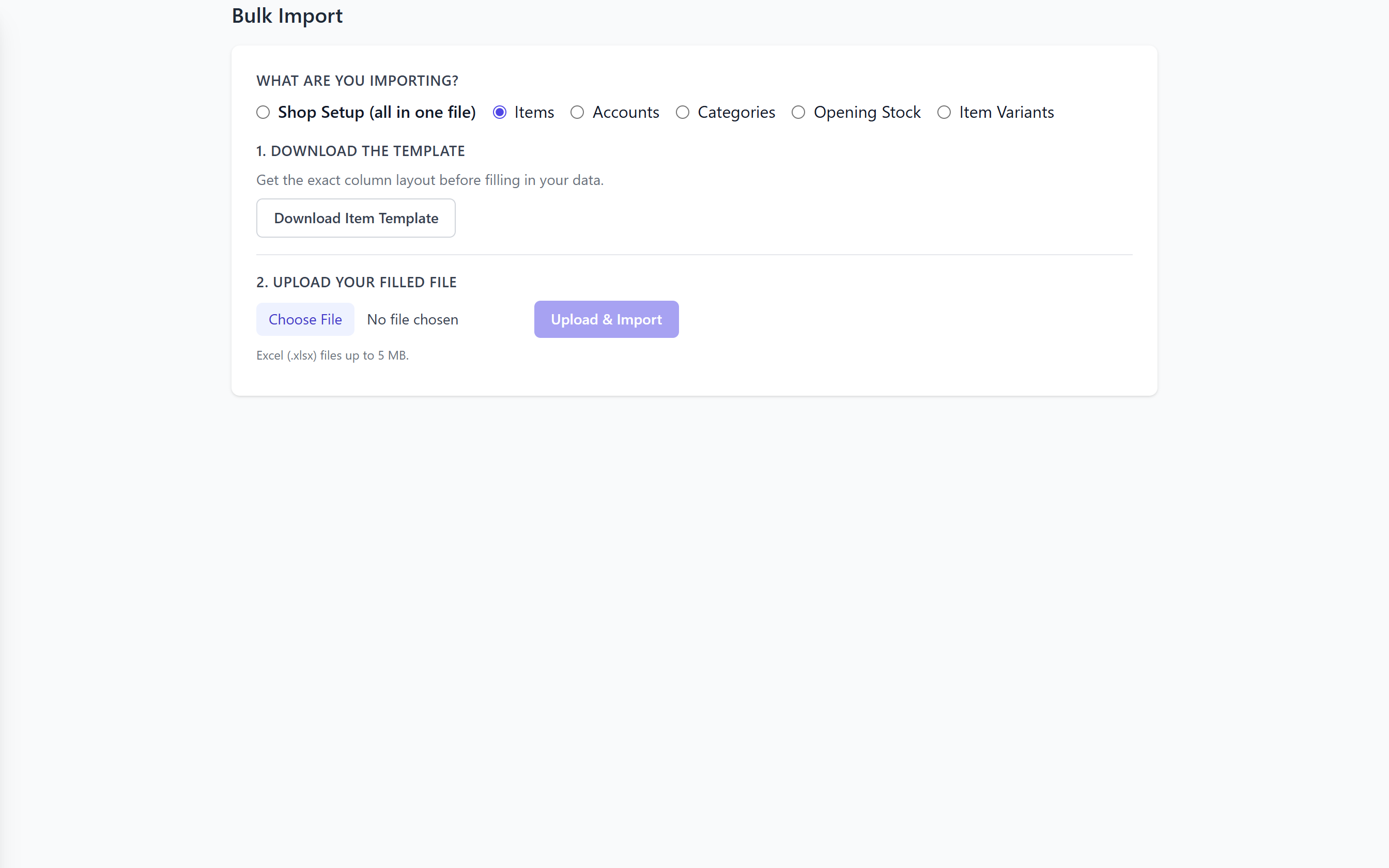 ShopPos bulk import screen for items, accounts, categories, opening stock and item variants from an Excel template