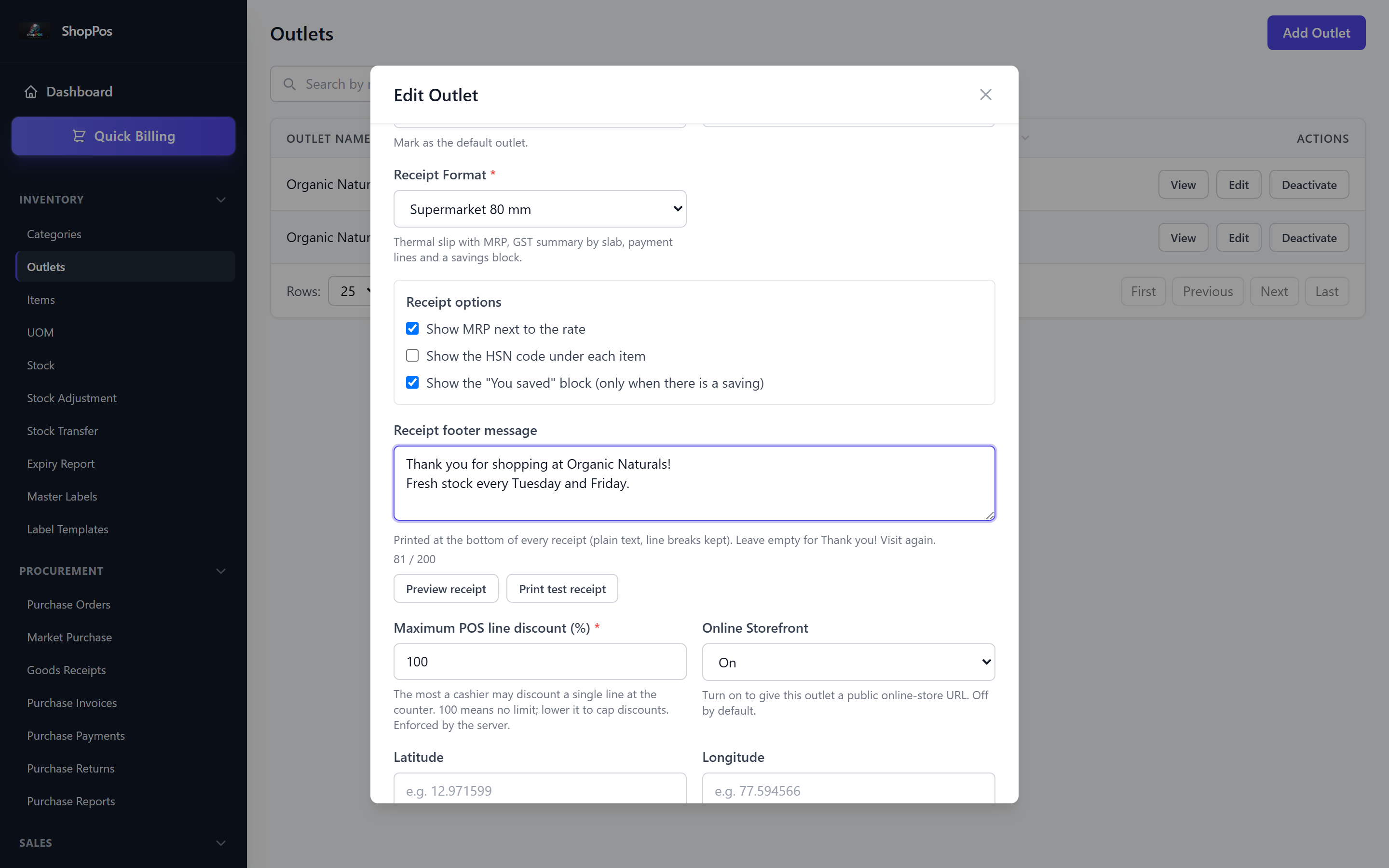 ShopPos outlet settings with a receipt format selector, options to show MRP, HSN and the you-saved block, a footer message and a counter discount limit