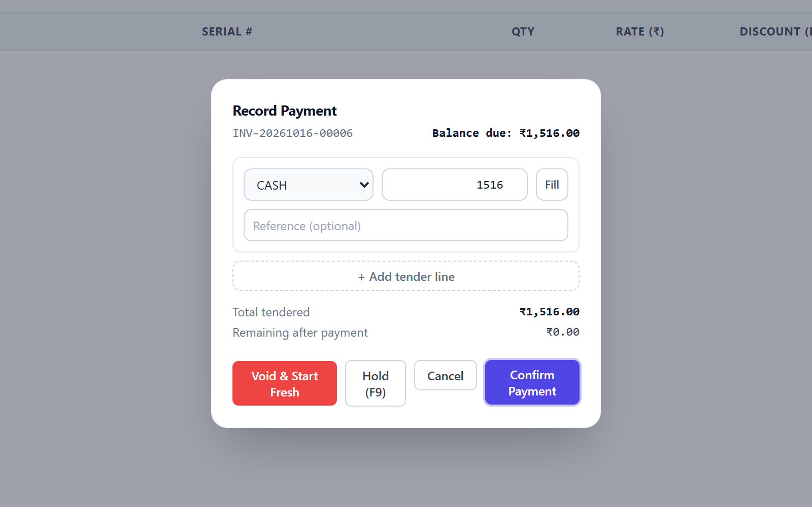 ShopPos record-payment dialog with a cash tender line and a button to add another tender line