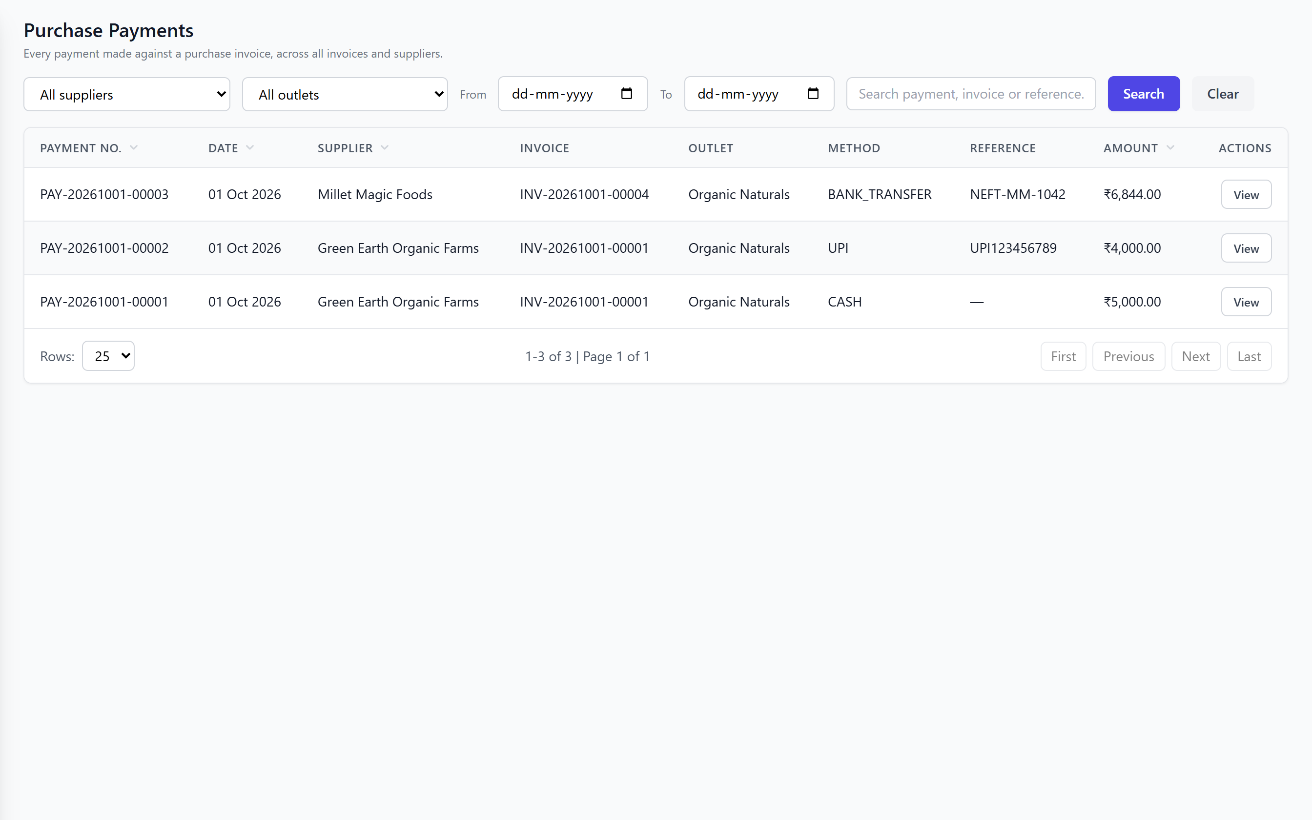 ShopPos purchase payments list showing each payment against a supplier invoice by cash, UPI or bank transfer