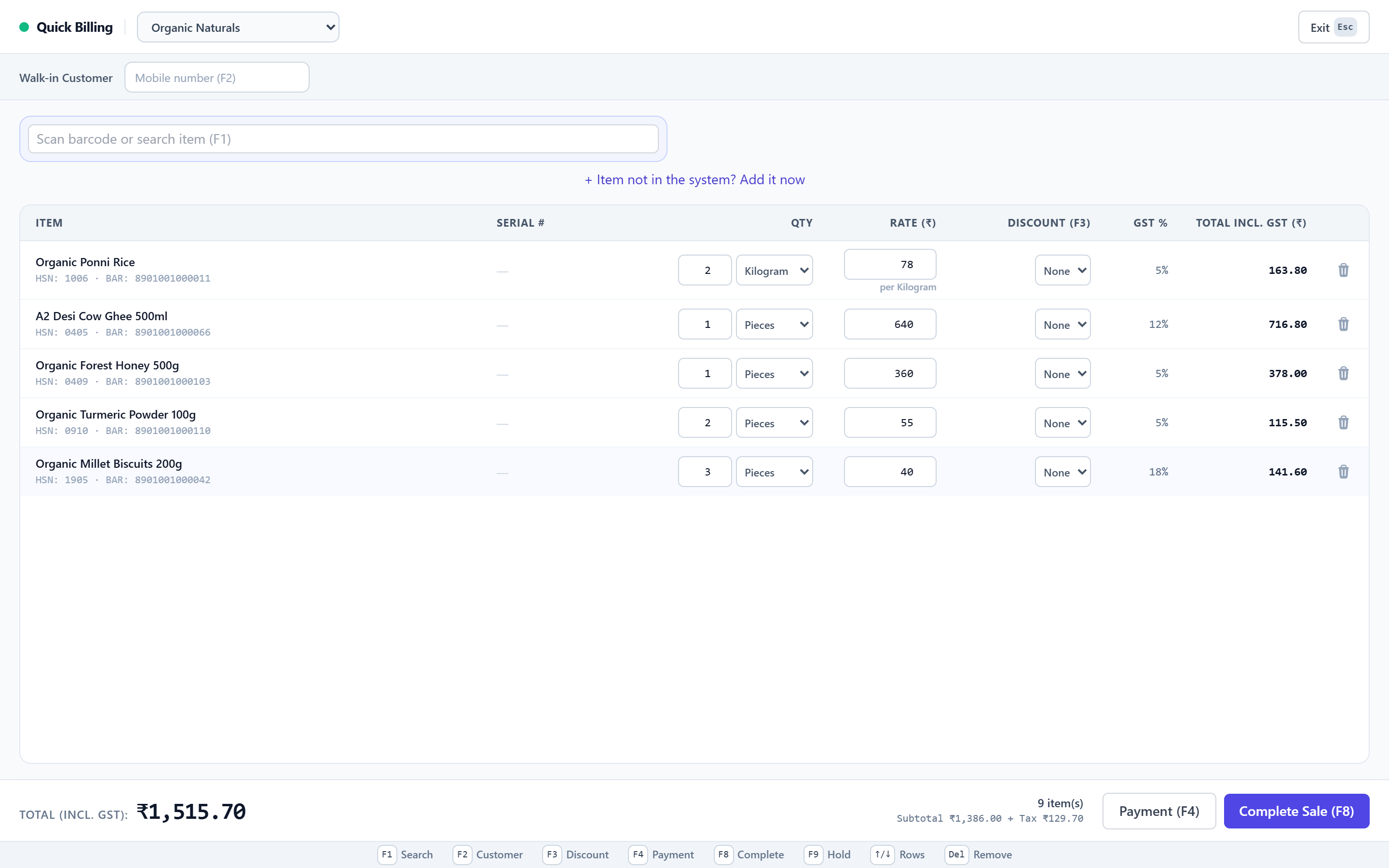 ShopPos quick billing screen with five items in the cart, GST per line, a running total and keyboard shortcuts along the bottom