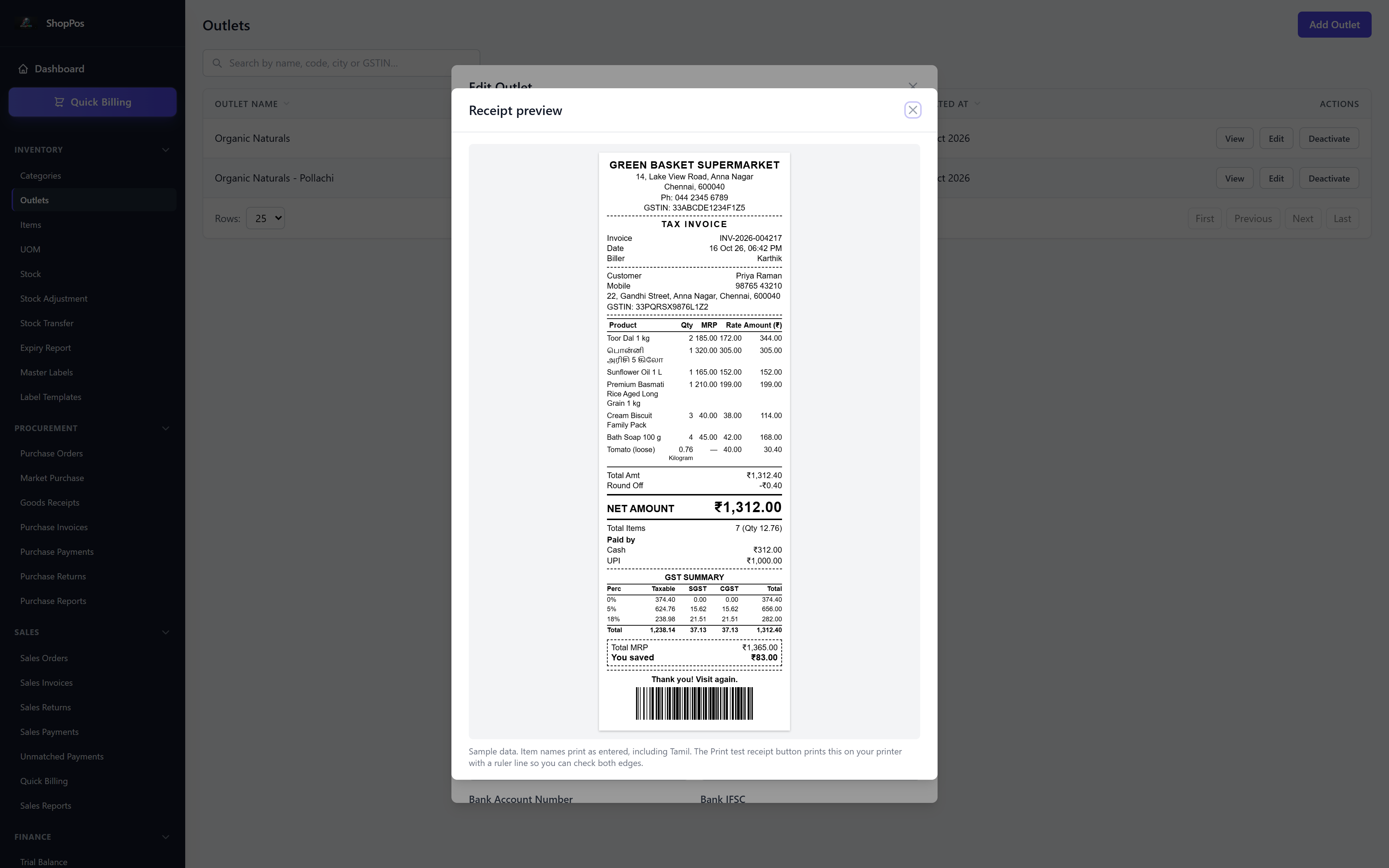 A ShopPos supermarket-style 80 mm receipt preview with items, MRP and rate, payment lines, a GST summary by rate, a you-saved box and a barcode