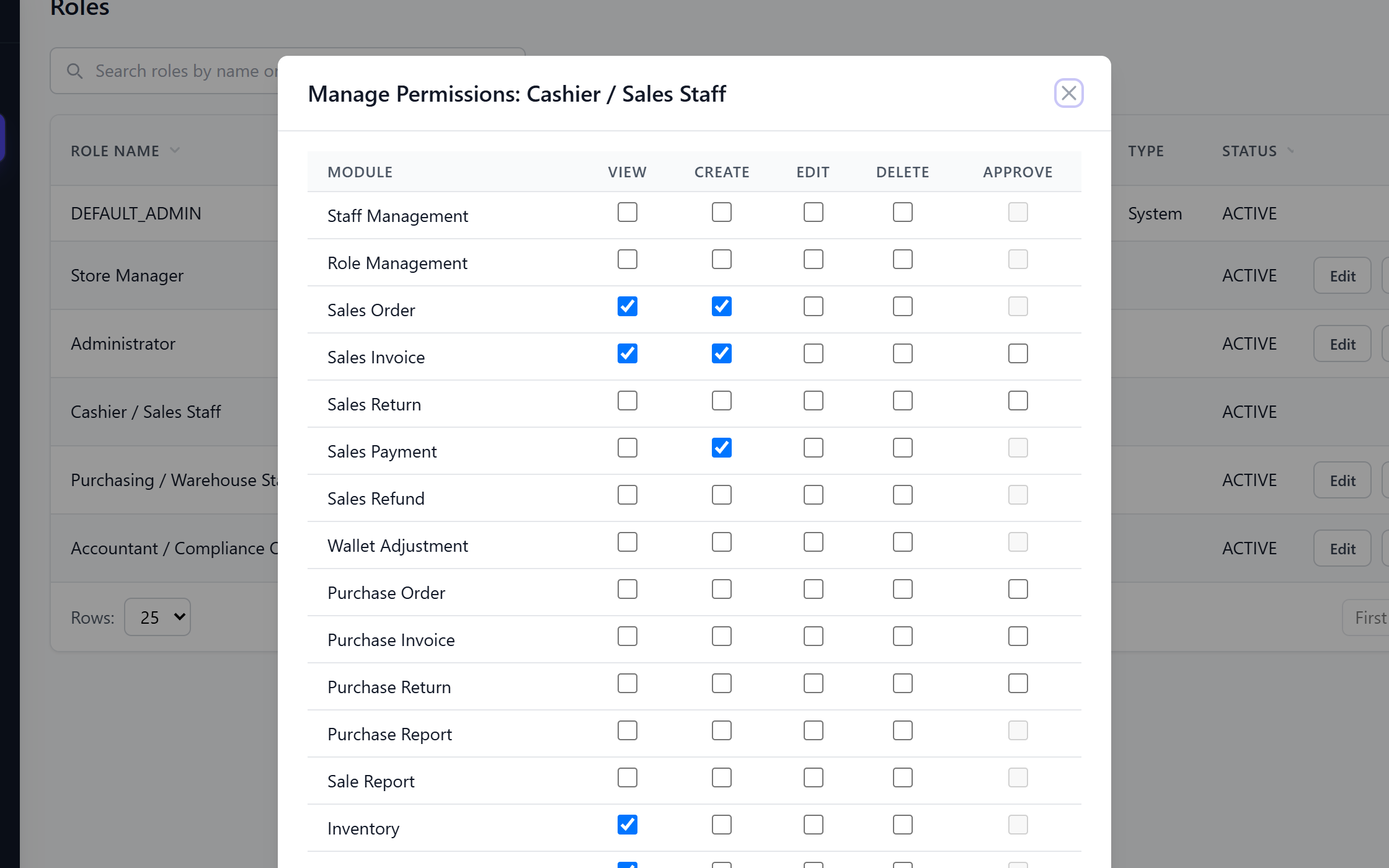 ShopPos role permissions screen: a cashier role with view and create ticked for sales and view for inventory