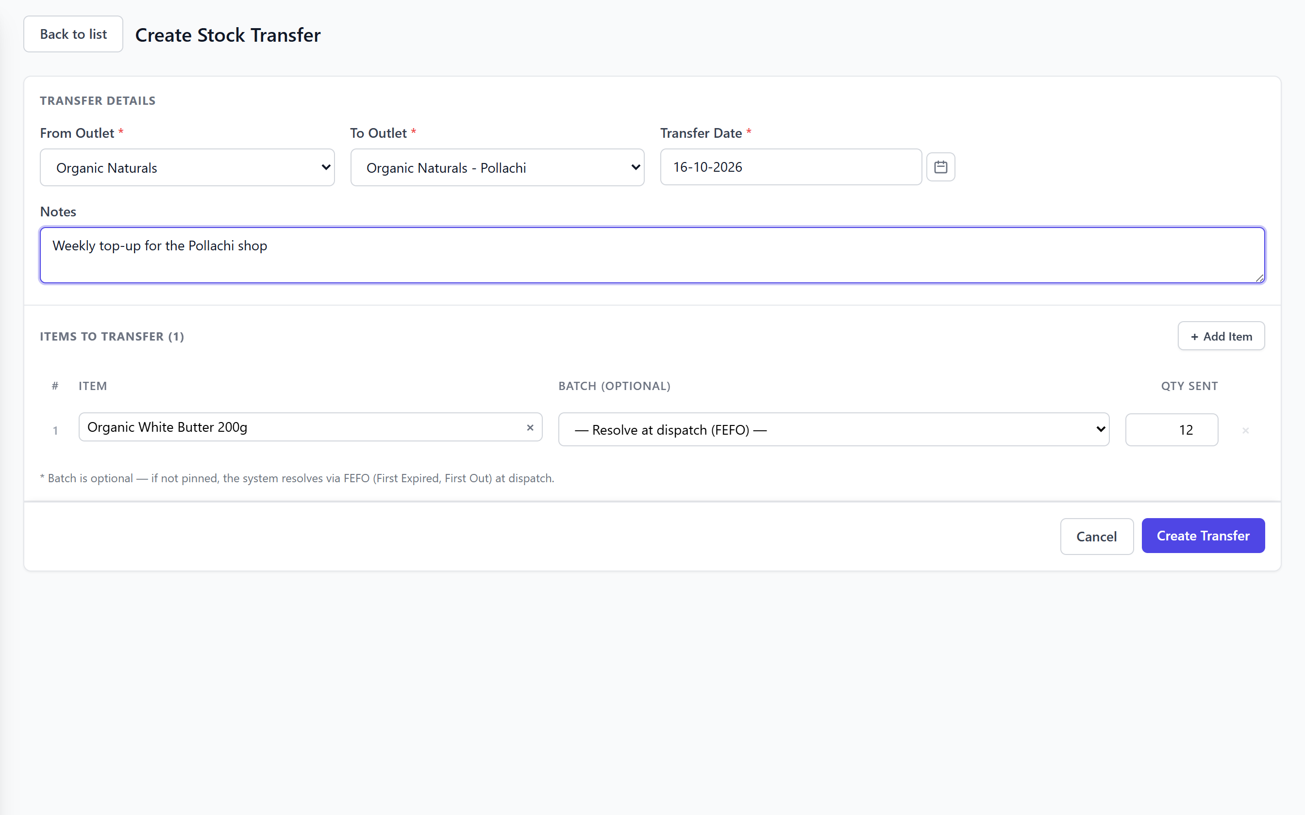 ShopPos create stock transfer screen with the batch picker set to resolve oldest-expiry stock first