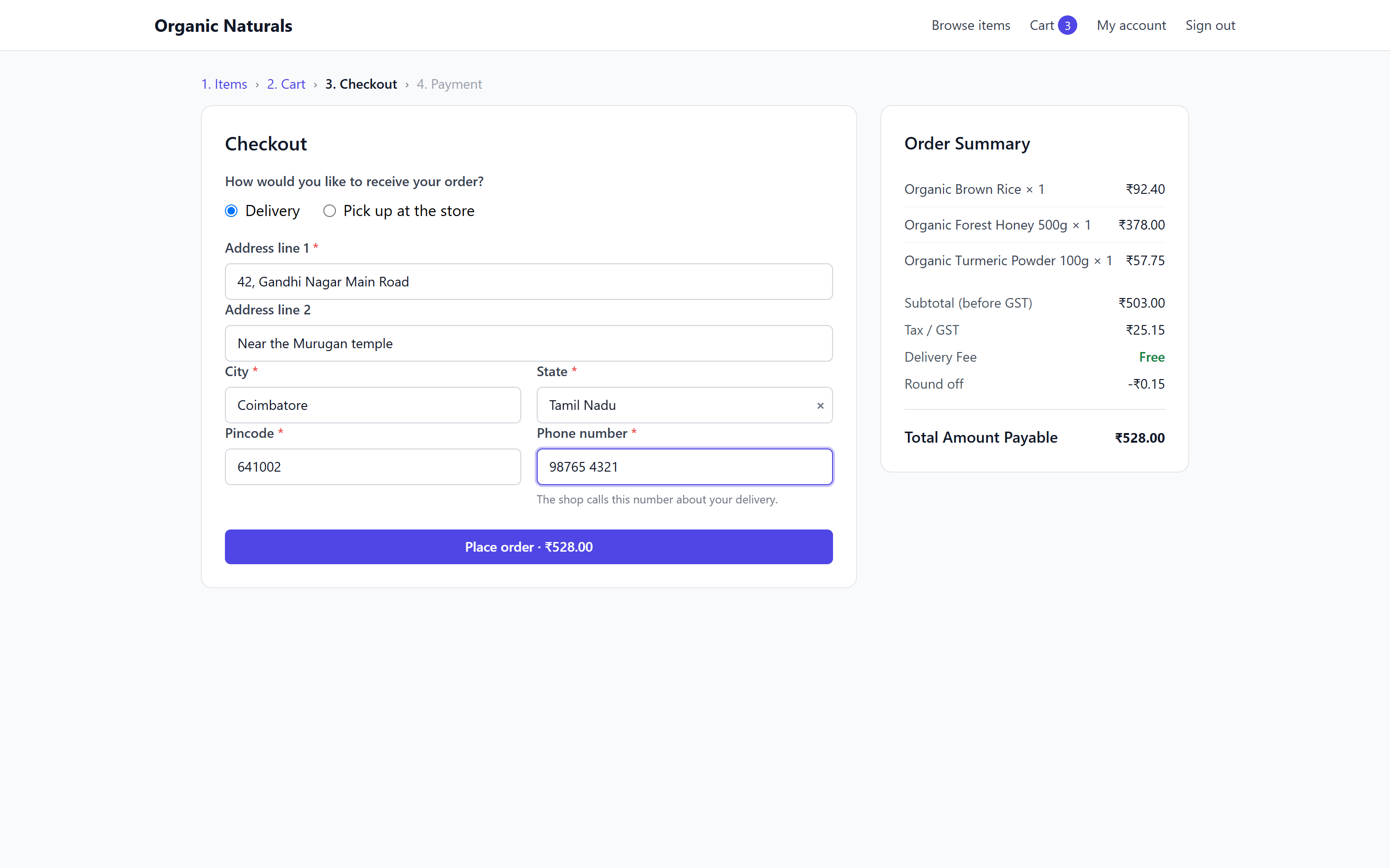 ShopPos online store checkout with delivery or pickup, address fields and an order summary showing GST, delivery fee and the total payable