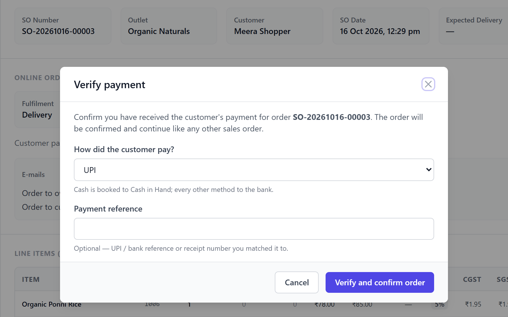 ShopPos verify-payment dialog on an online order, asking the shop to confirm the customer payment